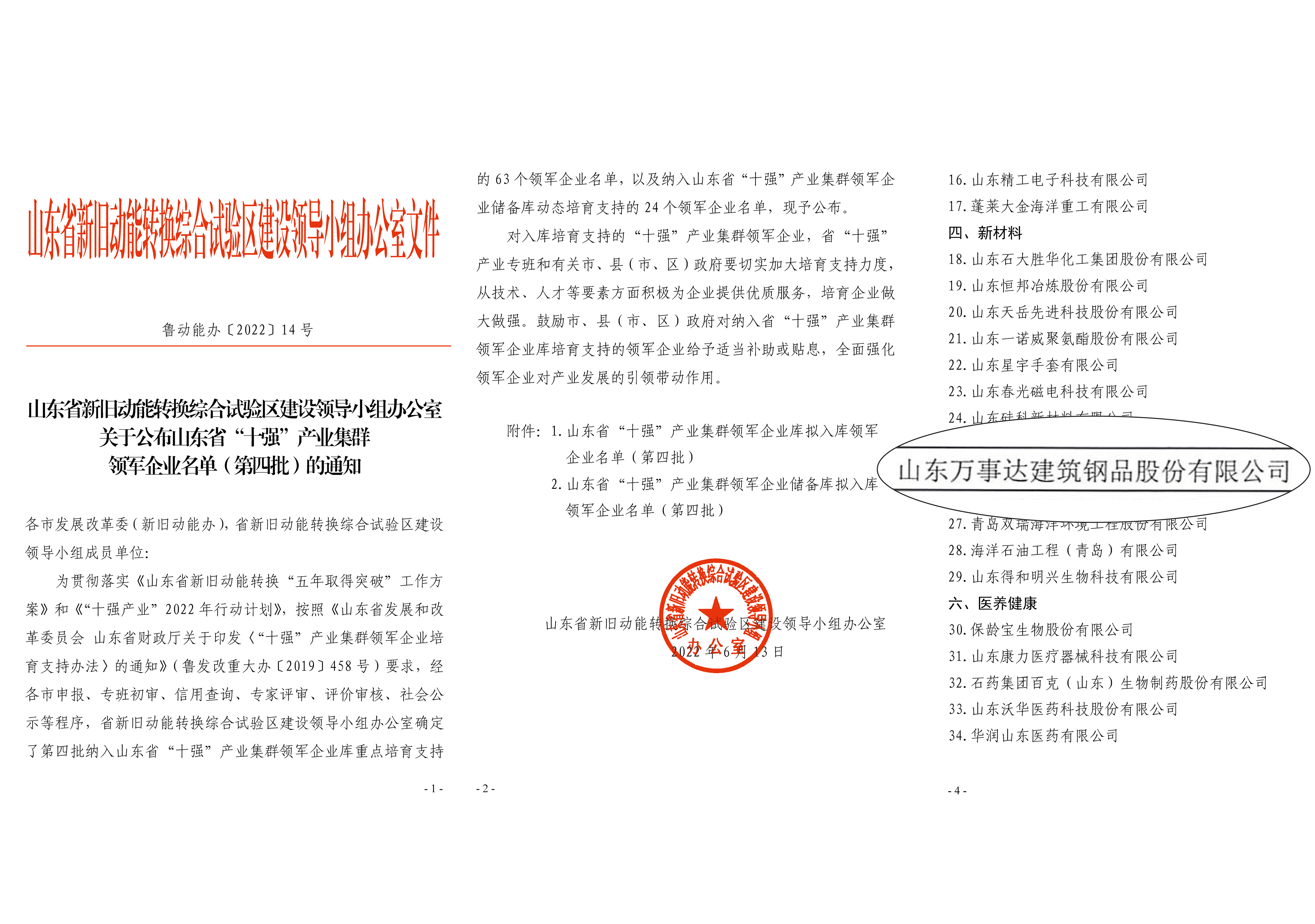 山东省“十强”产业集群领军企业